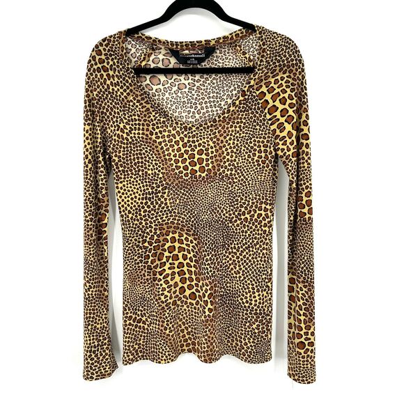 NORMA KAMALI Brown Yellow Leopard Print Scoop Neck Jersey Stretch Shirt Small - Picture 2 of 8